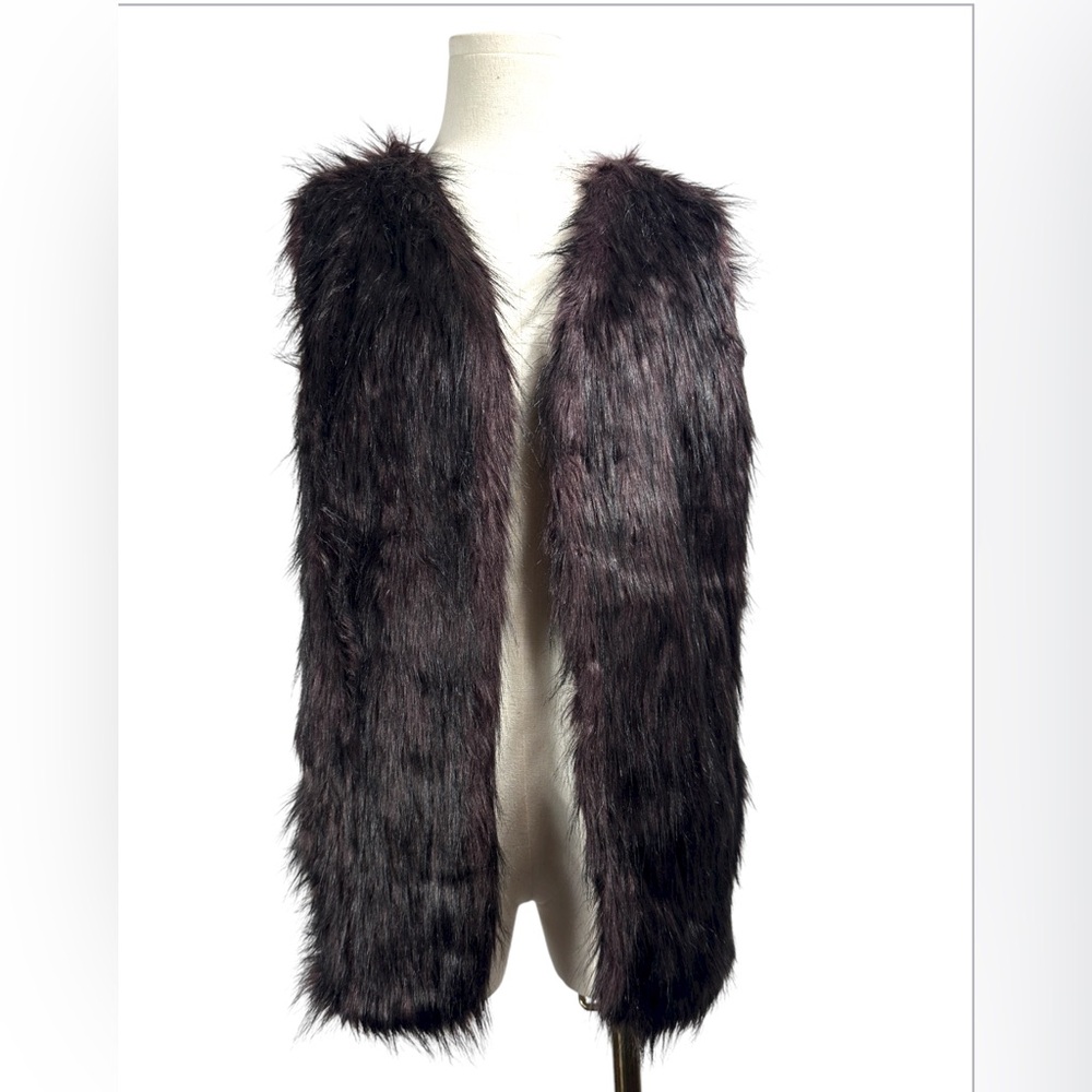 Womens Sebby Collection black & burgundy Faux Fur Open Front Vest Size Large